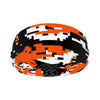 Athletic sports sweatband wide headband for youth and adult football, basketball, baseball, softball, gym workout, printed with orange, black, and white colors. 