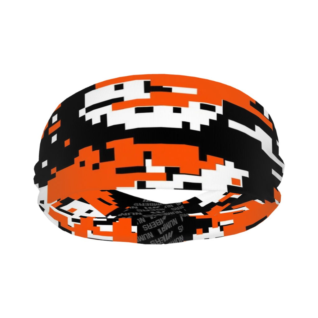Athletic sports sweatband wide headband for youth and adult football, basketball, baseball, softball, gym workout, printed with orange, black, and white colors. 