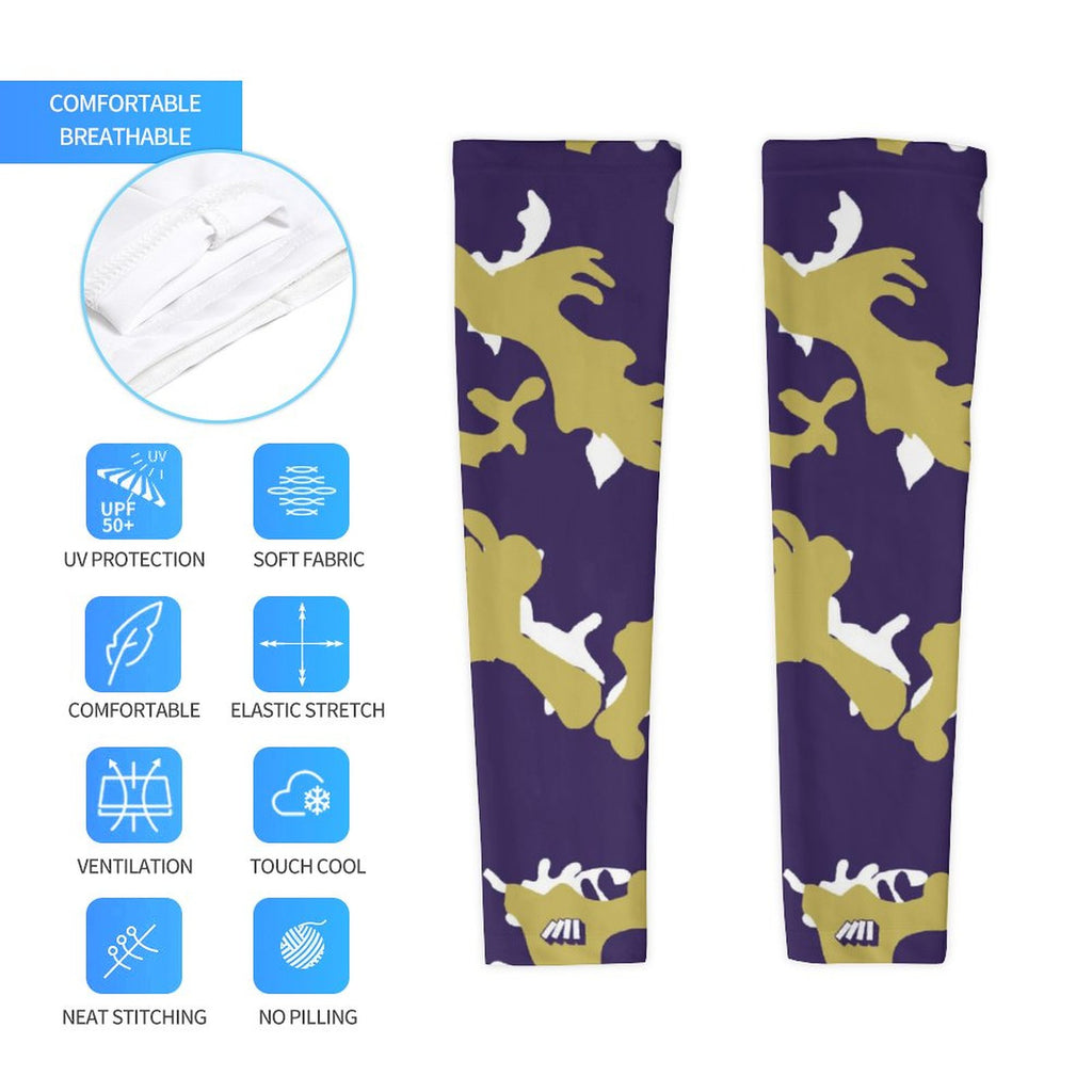 Athletic sports compression arm sleeve for youth and adult football, basketball, baseball, and softball printed with camo purple, gold, and white colors. 