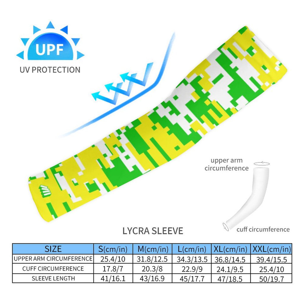 Athletic sports compression arm sleeve for youth and adult football, basketball, baseball, and softball printed with digicamo neon yellow, neon green, and white colors. 