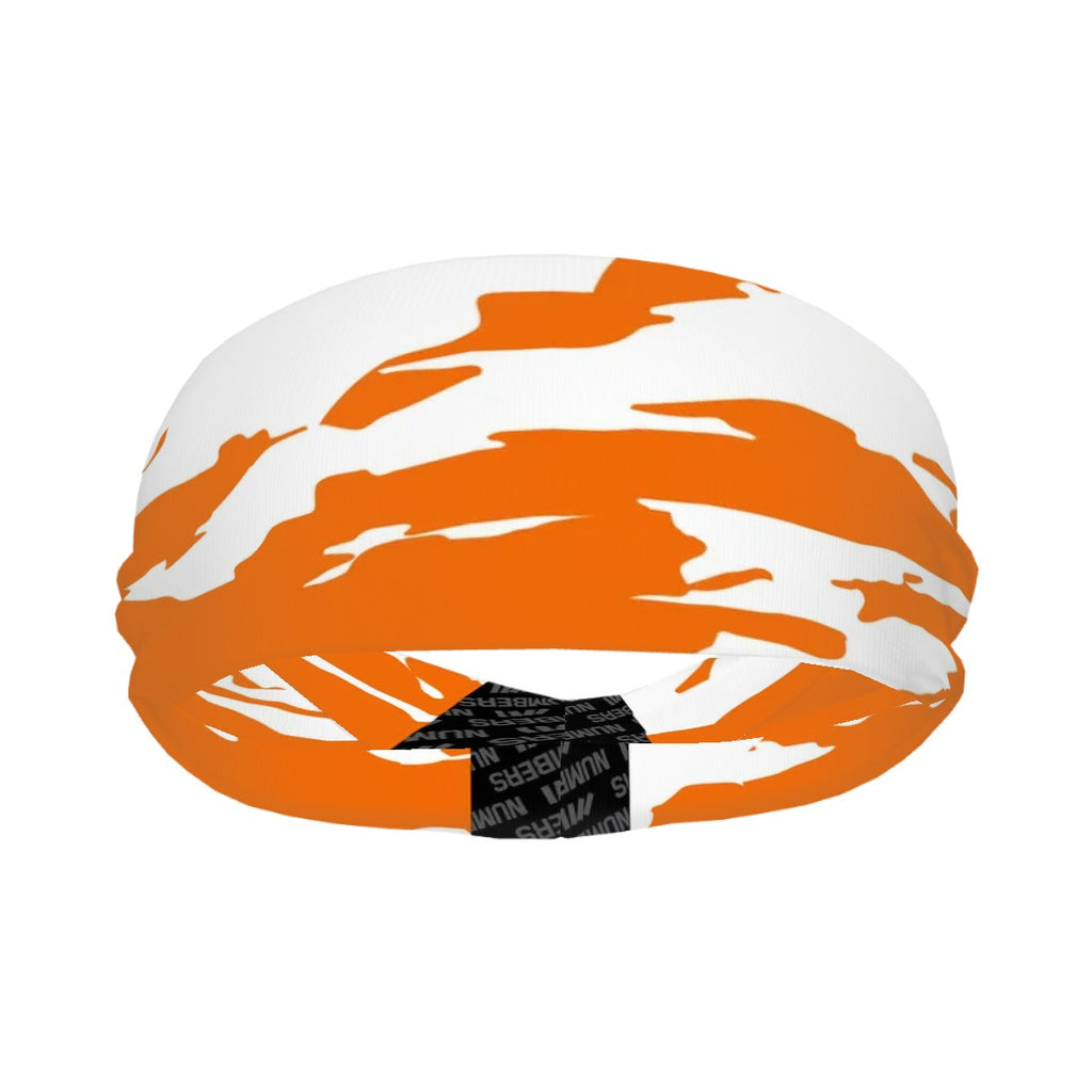 Athletic sports sweatband wide headband for youth and adult football, basketball, baseball, softball, gym workout, printed with orange, and white colors. 