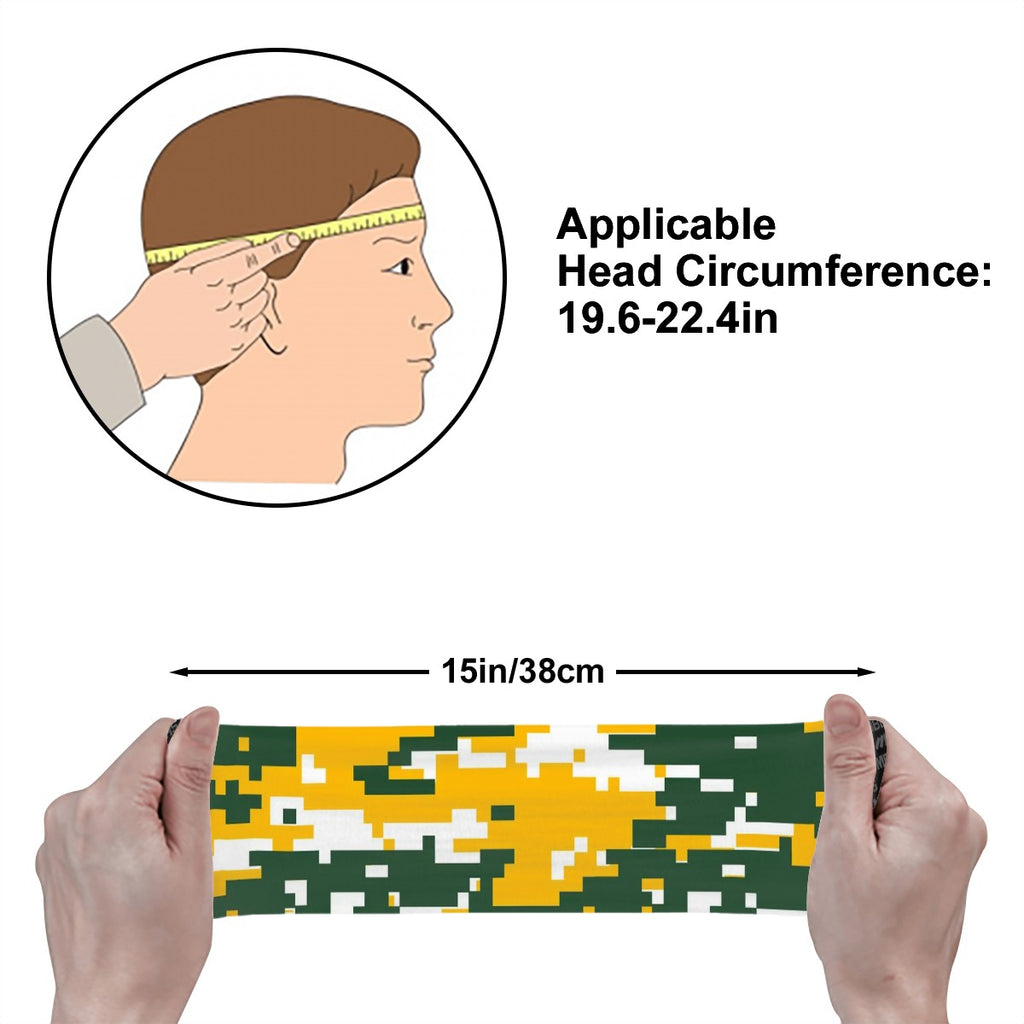 Athletic sports sweatband wide headband for youth and adult football, basketball, baseball, softball, gym workout, printed with yellow, white, and green colors. 

