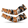 Athletic sports compression arm sleeve for youth and adult football, basketball, baseball, and softball printed with digicamo burnt orange, black, and white colors. 