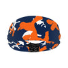 Athletic sports sweatband wide headband for youth and adult football, basketball, baseball, softball, gym workout, printed with navy blue, orange, and white colors. 