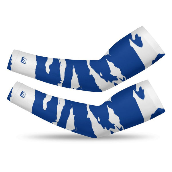 Athletic sports compression arm sleeve for youth and adult football, basketball, baseball, and softball printed with predator blue and white colors. 