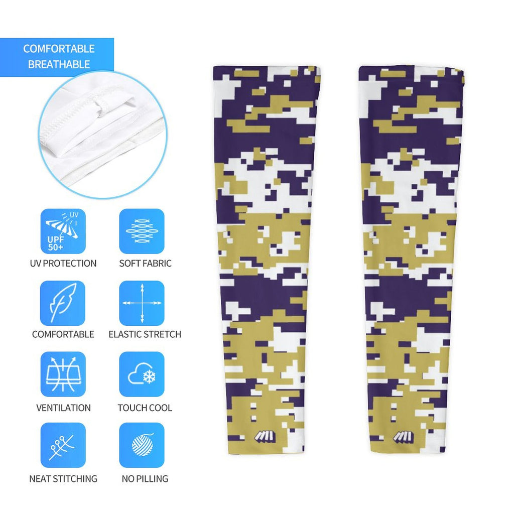Athletic sports compression arm sleeve for youth and adult football, basketball, baseball, and softball printed with digicamo purple, gold, and white colors. 