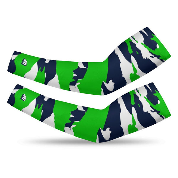 Athletic sports compression arm sleeve for youth and adult football, basketball, baseball, and softball printed with predator navy blue, green, and white colors. 