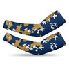 Athletic sports compression arm sleeve for youth and adult football, basketball, baseball, and softball printed with camo navy blue, gold, and white colors. 
