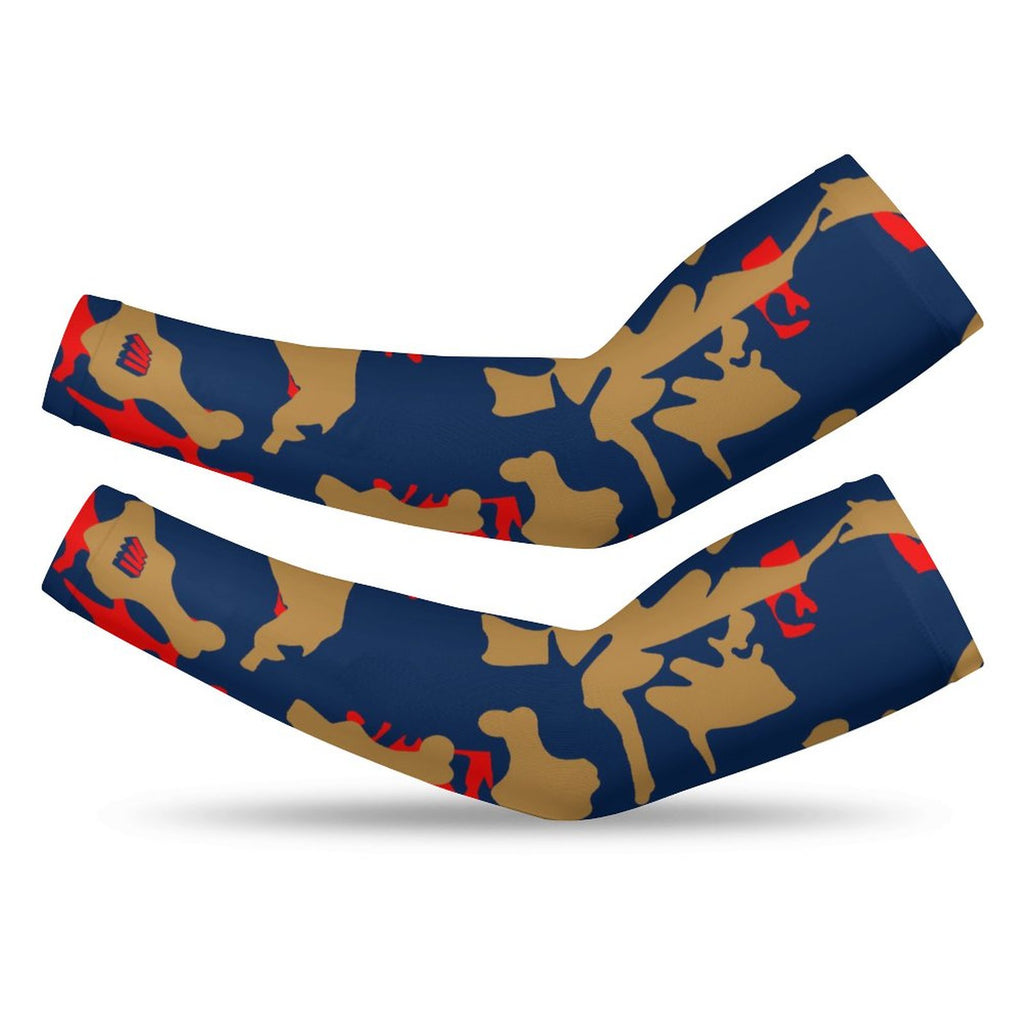 Athletic sports compression arm sleeve for youth and adult football, basketball, baseball, and softball printed with camo navy blue, gold, and red colors.