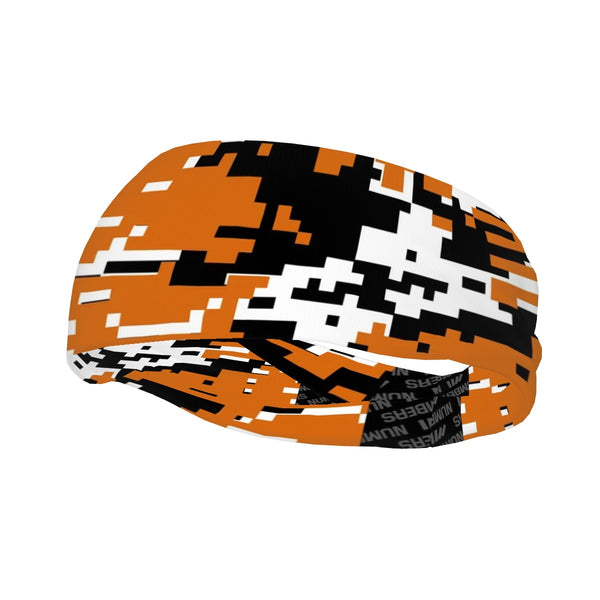 Athletic sports sweatband wide headband for youth and adult football, basketball, baseball, softball, gym workout, printed with burnt orange, white, and black colors. 