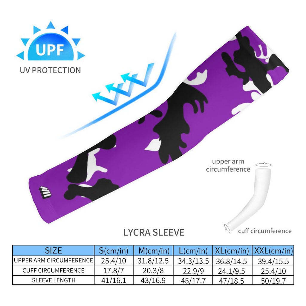 Athletic sports compression arm sleeve for youth and adult football, basketball, baseball, and softball printed with camo purple, white, and black colors.  
