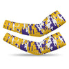 Athletic sports compression arm sleeve for youth and adult football, basketball, baseball, and softball printed with digicamo purple, yellow, and white colors. 