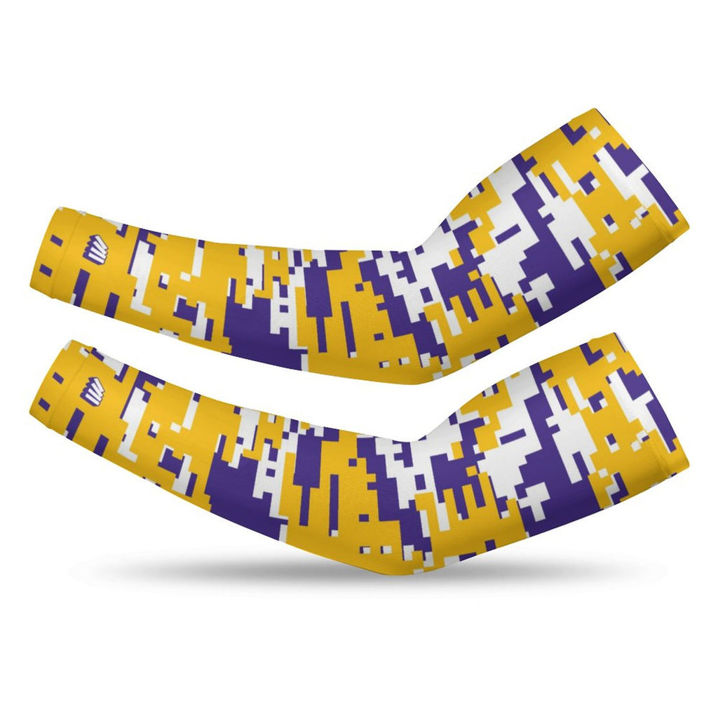 Athletic sports compression arm sleeve for youth and adult football, basketball, baseball, and softball printed with digicamo purple, yellow, and white colors. 