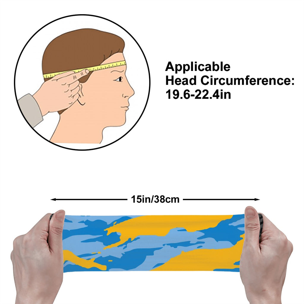 Athletic sports sweatband wide headband for youth and adult football, basketball, baseball, softball, gym workout, printed with light blue, powder blue, and yellow colors. 