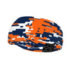 Athletic sports sweatband wide headband for youth and adult football, basketball, baseball, softball, gym workout, printed with navy blue, orange, and white colors. 