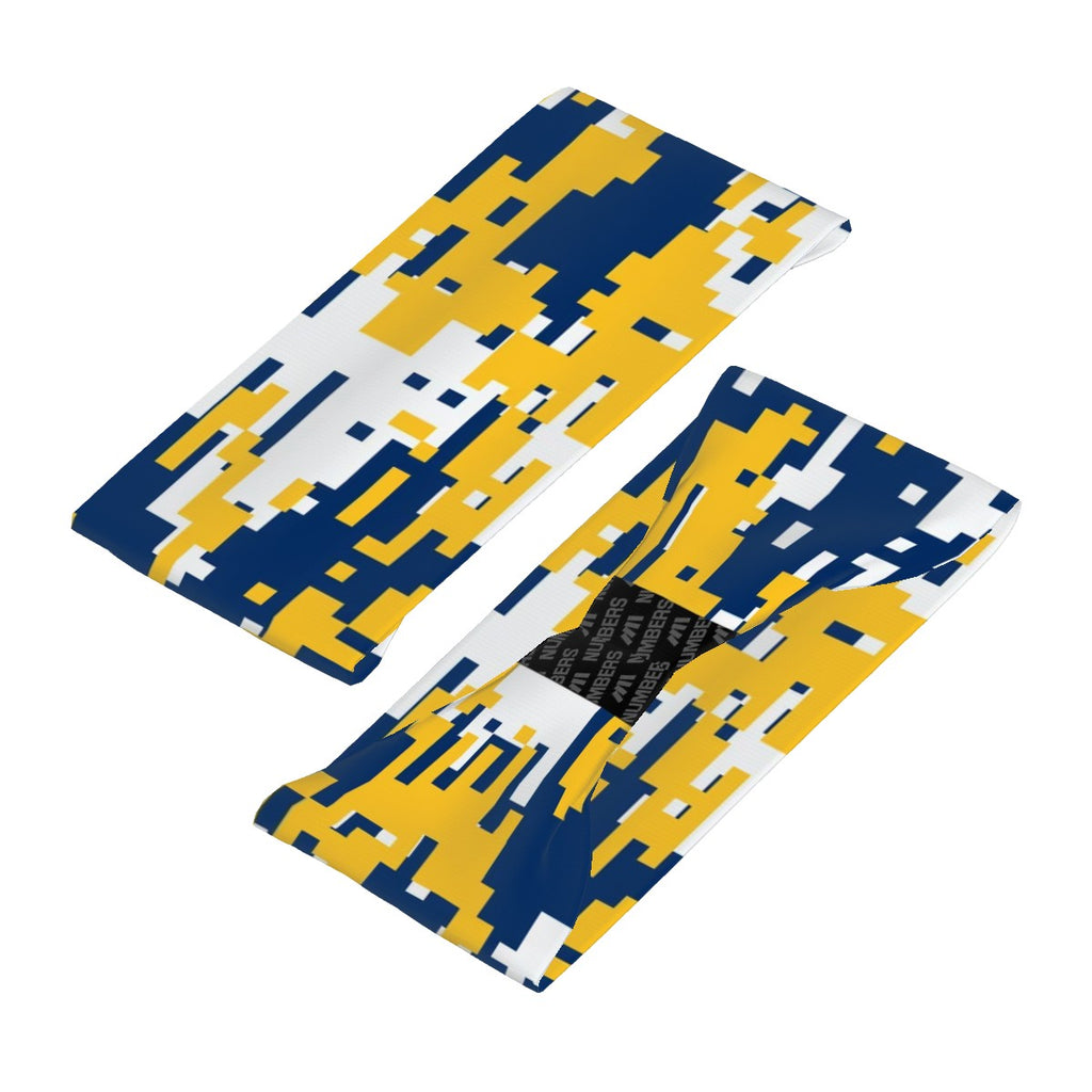 Athletic sports sweatband wide headband for youth and adult football, basketball, baseball, softball, gym workout, printed with navy blue, yellow, and white colors. 