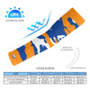 Athletic sports compression arm sleeve for youth and adult football, basketball, baseball, and softball printed with predator blue, orange, and white colors. 