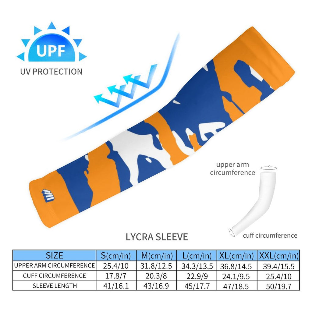 Athletic sports compression arm sleeve for youth and adult football, basketball, baseball, and softball printed with predator blue, orange, and white colors. 
