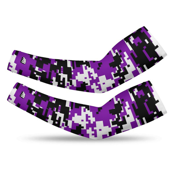 Athletic sports compression arm sleeve for youth and adult football, basketball, baseball, and softball printed with digicamo purple, white, and black colors. 