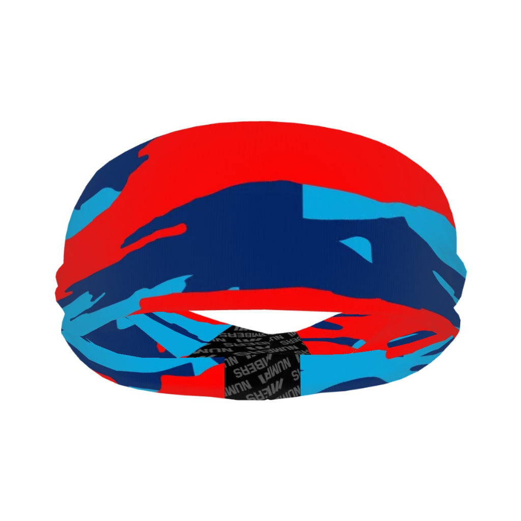 Athletic sports sweatband wide headband for youth and adult football, basketball, baseball, softball, gym workout, printed with navy blue, baby blue, and red colors.