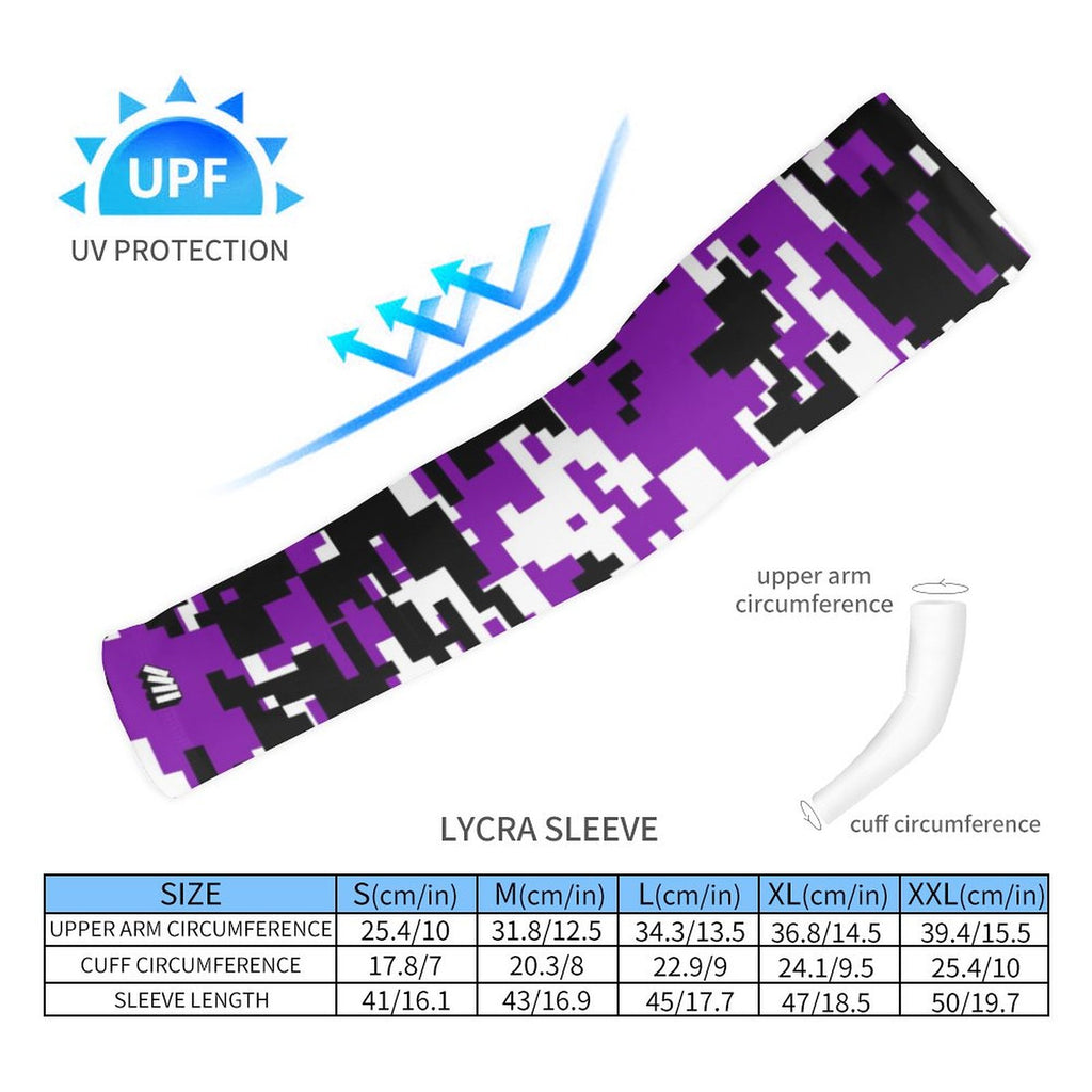 Athletic sports compression arm sleeve for youth and adult football, basketball, baseball, and softball printed with digicamo purple, white, and black colors. 