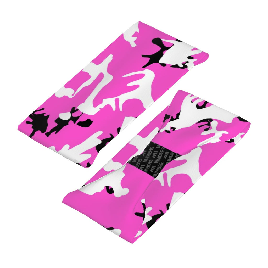 Athletic sports sweatband wide headband for youth and adult football, basketball, baseball, softball, gym workout, printed with pink, white, and black colors. 
