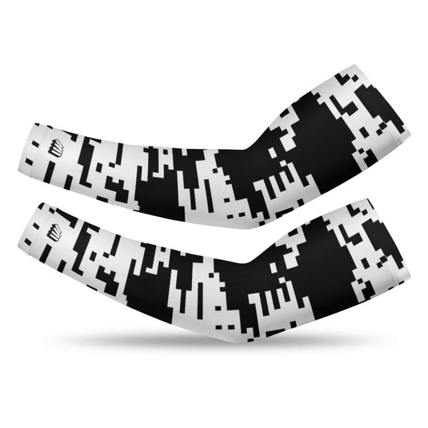 Athletic sports compression arm sleeve for youth and adult football, basketball, baseball, and softball printed with digicamo black and white colors. 
 