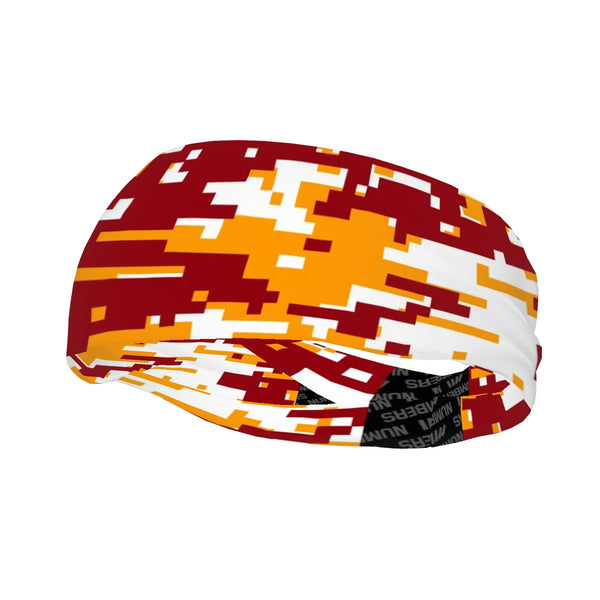 Athletic sports sweatband wide headband for youth and adult football, basketball, baseball, softball, gym workout, printed with maroon, yellow, and white