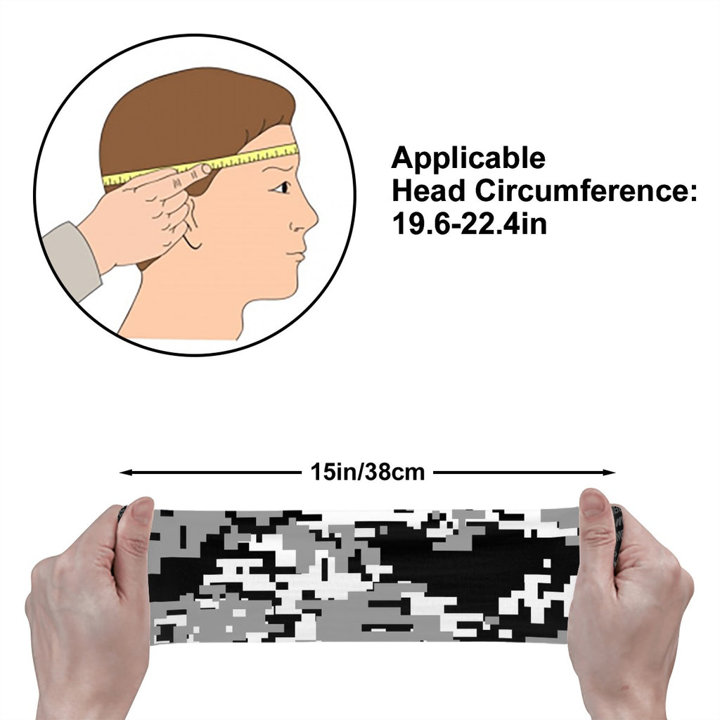 Athletic sports sweatband wide headband for youth and adult football, basketball, baseball, softball, gym workout, printed with black, gray, and white colors.