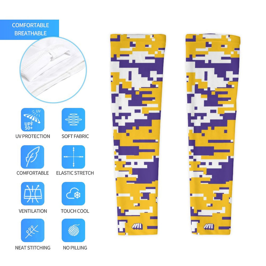 Athletic sports compression arm sleeve for youth and adult football, basketball, baseball, and softball printed with digicamo purple, yellow, and white colors. 