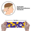 Athletic sports sweatband wide headband for youth and adult football, basketball, baseball, softball, gym workout, printed with purple, yellow, and white colors. 