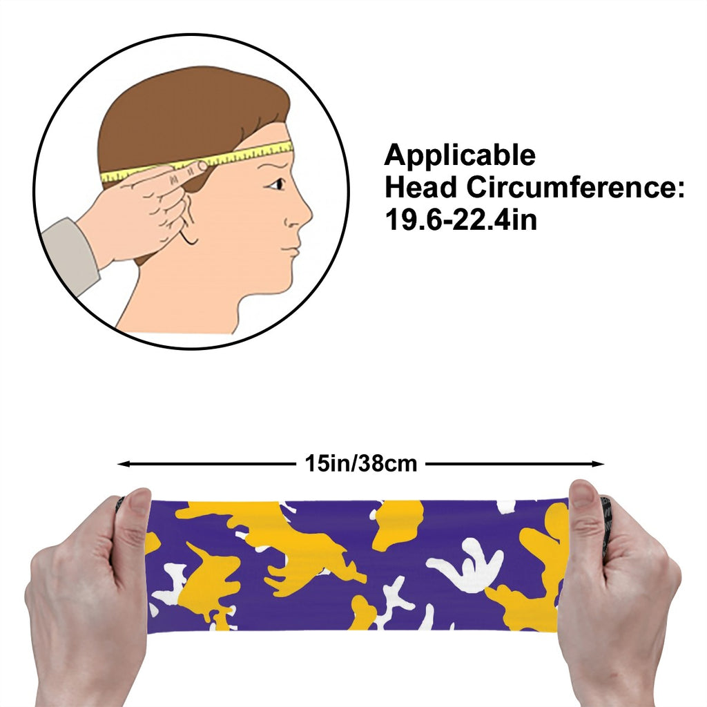 Athletic sports sweatband wide headband for youth and adult football, basketball, baseball, softball, gym workout, printed with purple, yellow, and white colors. 