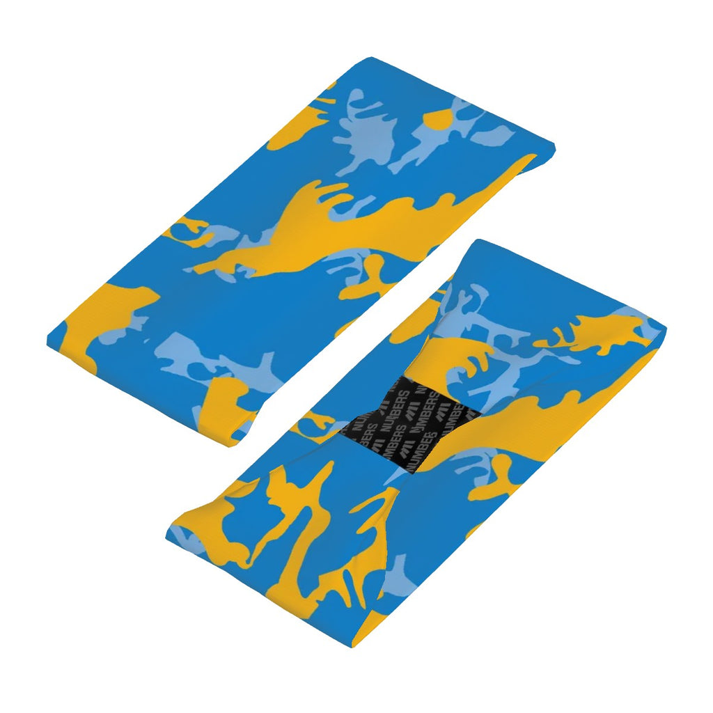 Athletic sports sweatband wide headband for youth and adult football, basketball, baseball, softball, gym workout, printed with light blue, powder blue, and yellow colors.