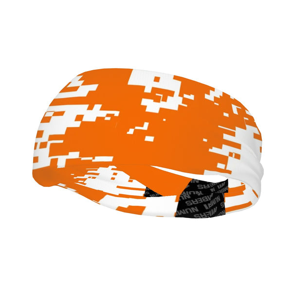Athletic sports sweatband wide headband for youth and adult football, basketball, baseball, softball, gym workout, printed with orange, and white colors. 