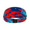Athletic sports sweatband wide headband for youth and adult football, basketball, baseball, softball, gym workout, printed with navy blue, baby blue, and red colors.