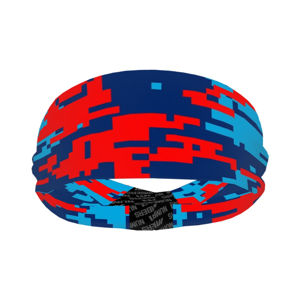 Athletic sports sweatband wide headband for youth and adult football, basketball, baseball, softball, gym workout, printed with navy blue, baby blue, and red colors.