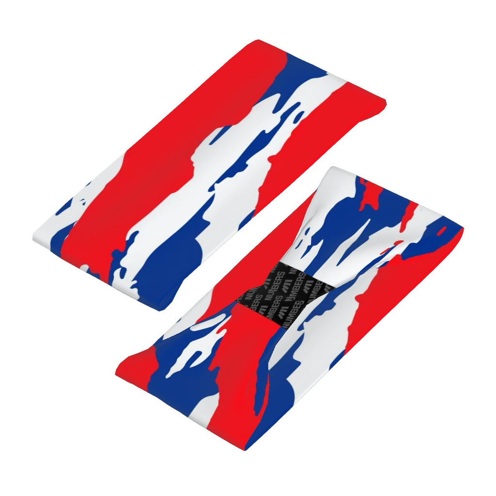 Athletic sports sweatband wide headband for youth and adult football, basketball, baseball, softball, gym workout, printed with red, white, and blue colors. 