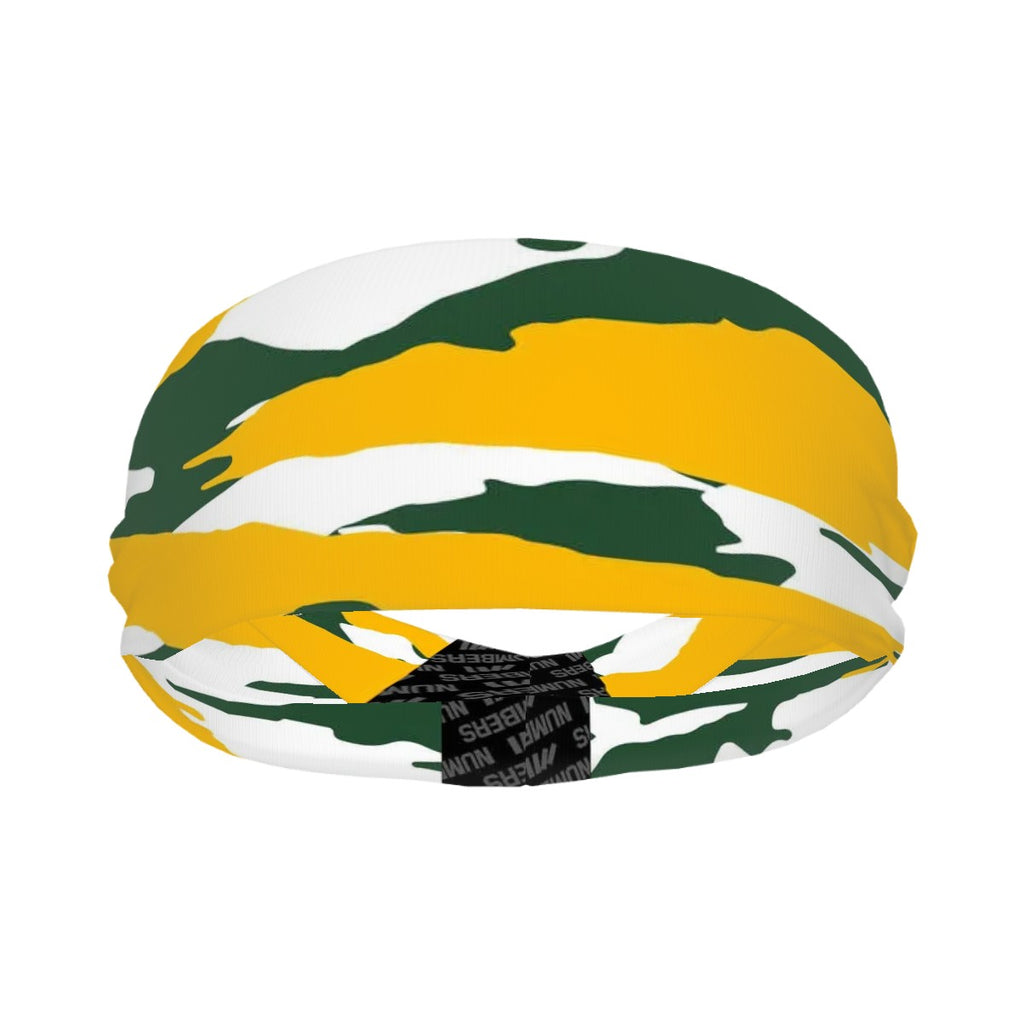 Athletic sports sweatband wide headband for youth and adult football, basketball, baseball, softball, gym workout, printed with green, yellow, and white colors. 
