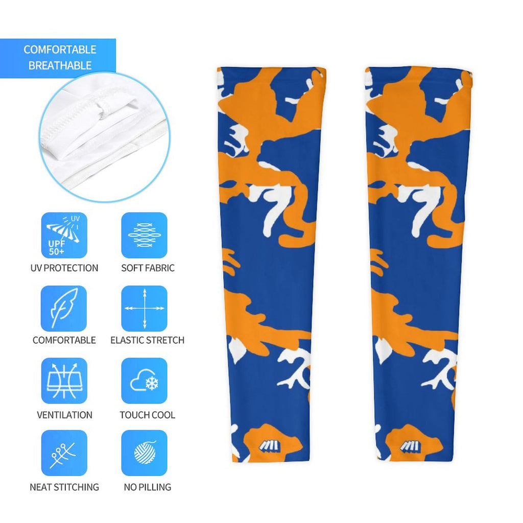 Athletic sports compression arm sleeve for youth and adult football, basketball, baseball, and softball printed with camo royal blue, orange, and white colors. 