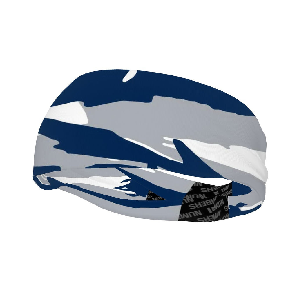 Athletic sports sweatband wide headband for youth and adult football, basketball, baseball, softball, gym workout, printed with navy blue, white, and gray colors. 