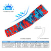 Athletic sports compression arm sleeve for youth and adult football, basketball, baseball, and softball printed with digicamo blue, light blue, and red colors. 