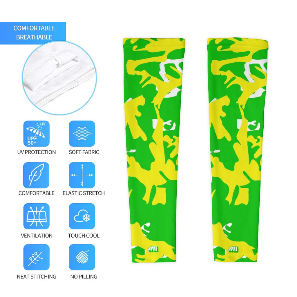 Athletic sports compression arm sleeve for youth and adult football, basketball, baseball, and softball printed with camo neon green, neon yellow, white