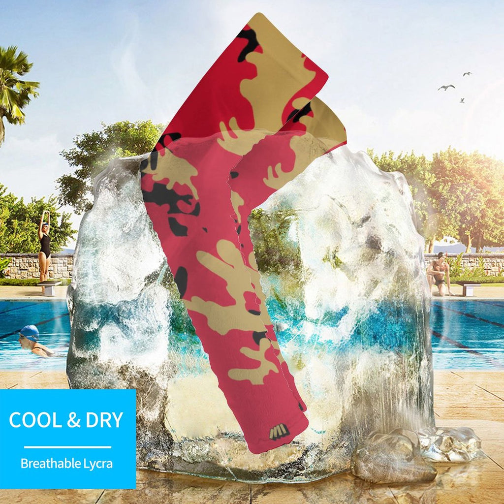 Athletic sports compression arm sleeve for youth and adult football, basketball, baseball, and softball printed with camo red, gold, and black.