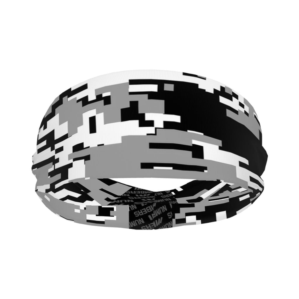 Athletic sports sweatband wide headband for youth and adult football, basketball, baseball, softball, gym workout, printed with black, gray, and white colors.