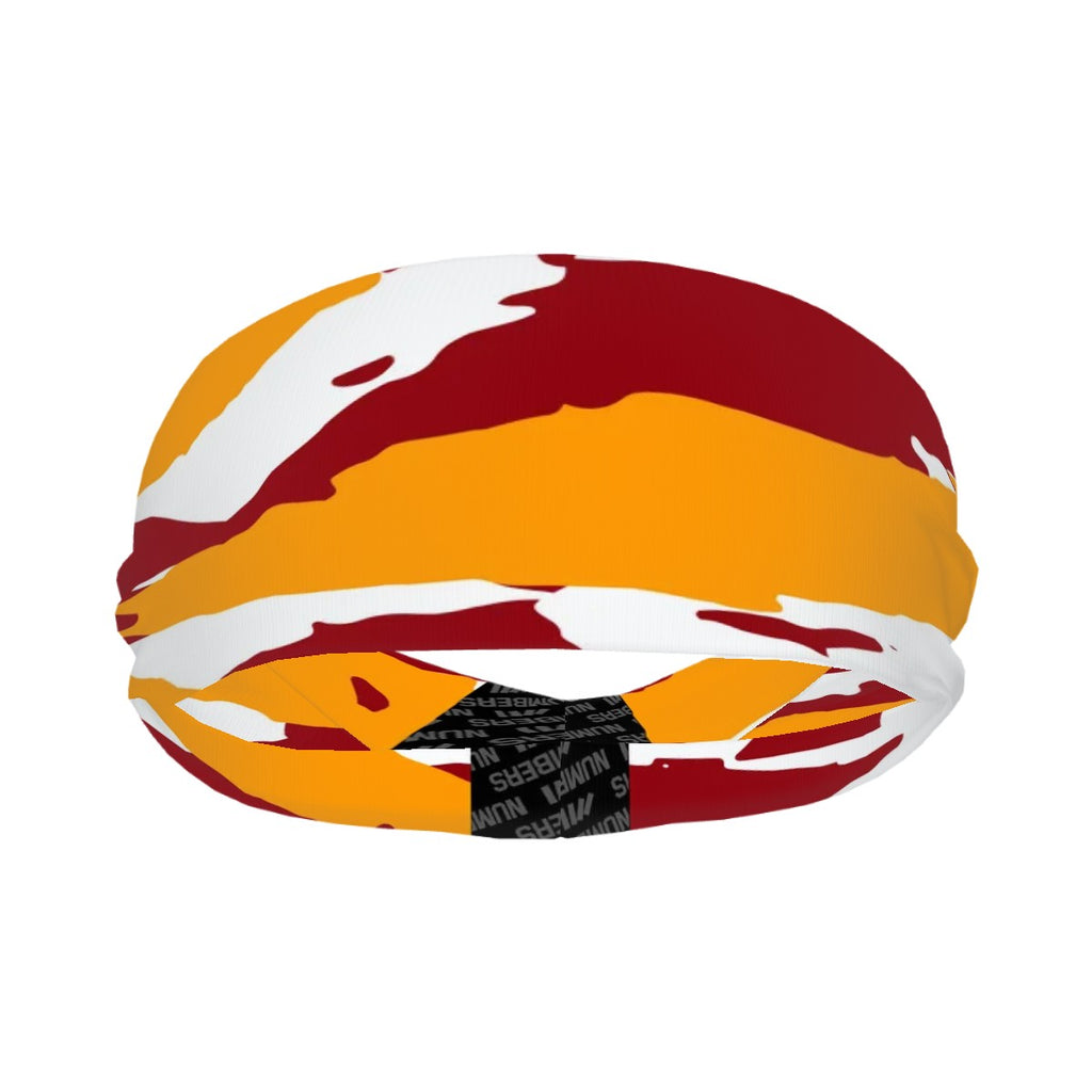 Athletic sports sweatband wide headband for youth and adult football, basketball, baseball, softball, gym workout, printed with maroon, yellow, and white colors. 