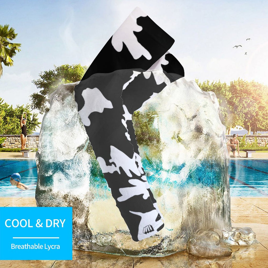 Athletic sports compression arm sleeve for youth and adult football, basketball, baseball, and softball printed with camo black and white colors.  
