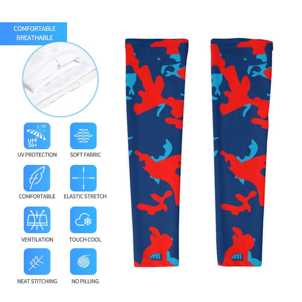 Athletic sports compression arm sleeve for youth and adult football, basketball, baseball, and softball printed with camo blue, light blue, and red colors. 