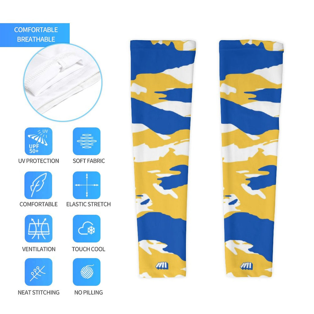 Athletic sports compression arm sleeve for youth and adult football, basketball, baseball, and softball printed with predator blue, yellow, and white colors.
