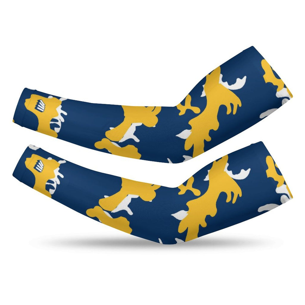 Athletic sports compression arm sleeve for youth and adult football, basketball, baseball, and softball printed with camo navy blue, yellow, and white colors. 