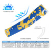 Athletic sports compression arm sleeve for youth and adult football, basketball, baseball, and softball printed with camo blue, yellow, and white colors. 